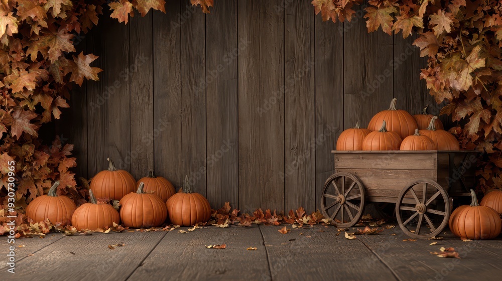 Leinwandbilder a wooden background with a wagon full of pumpkins in front of it. the scene is warm and inviting, wi