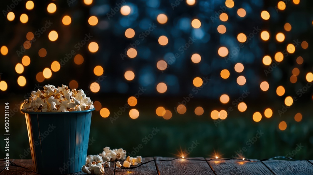 Poster a bowl of popcorn sits on a wooden table in front of a bright light. the scene is set for a movie ni