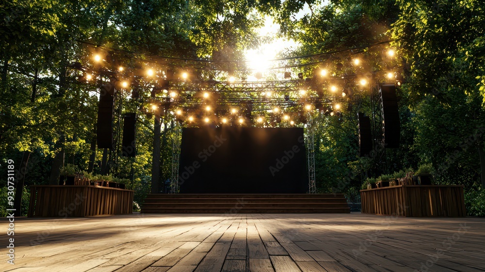 Poster a stage with a black backdrop and lights hanging from the trees. the stage is empty and the mood is 