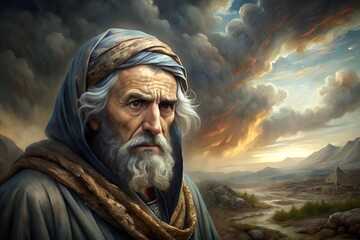 Close-up portrait of an Old Testament prophet against a cloudy sky