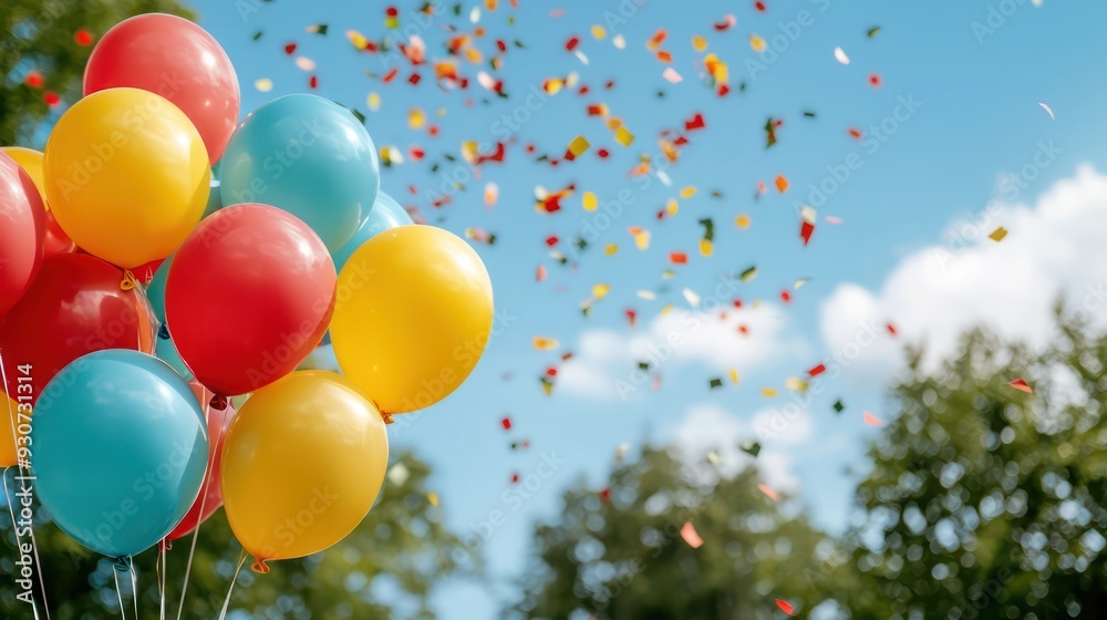 Poster a bunch of balloons in the air with confetti falling around them. the balloons are in various colors