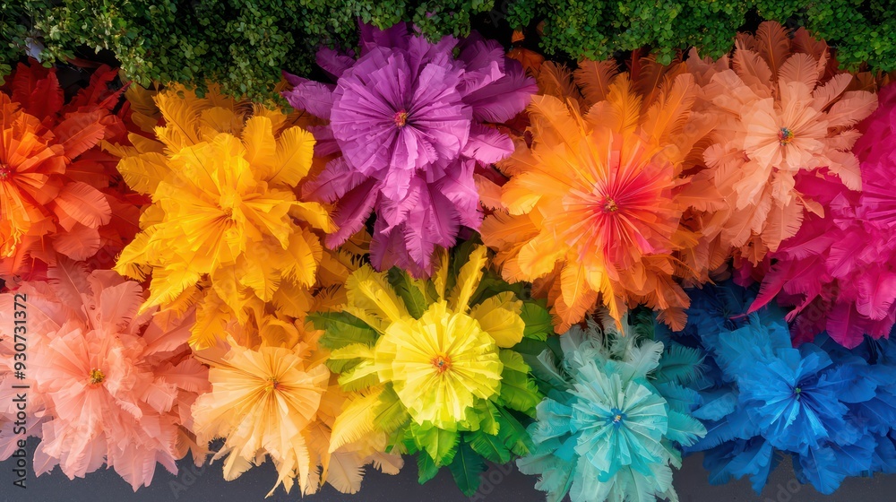 Poster a colorful bouquet of flowers with a rainbow of colors. the flowers are arranged in a row, with each