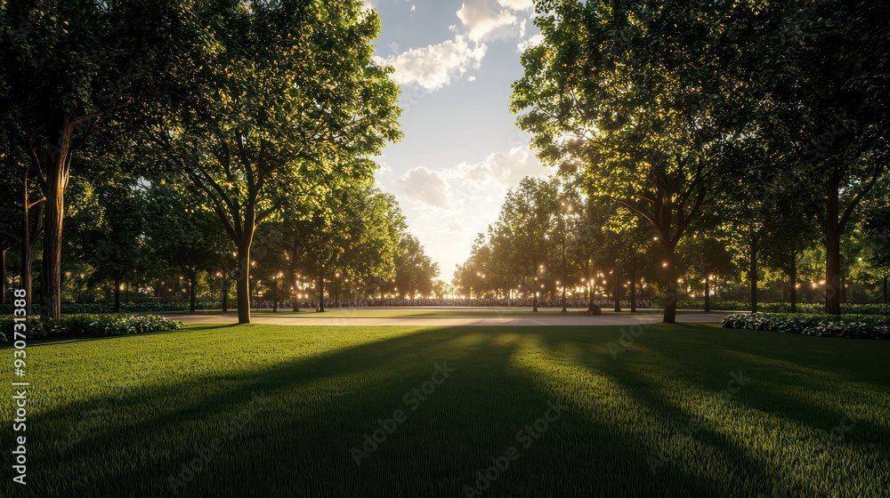 Poster A large, open field with trees in the background. The sun is setting, casting a warm glow over the grass. The scene is peaceful and serene, with the trees providing a sense of calm and tranquility