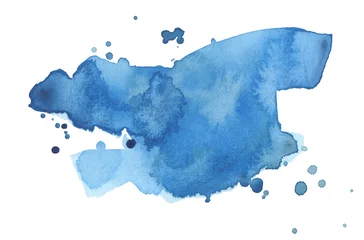 Fotobehang Ink watercolor hand drawn painting drop blot. Wet blue color paper texture stain on white background. © Liliia