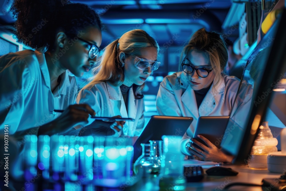 Poster group of women in lab coats examining tablet, possibly reviewing data or collaborating on a project
