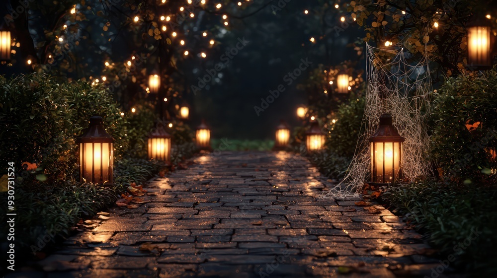 Poster a walkway lit by lanterns with a spider on the ground. the spider is surrounded by a mist of water, 