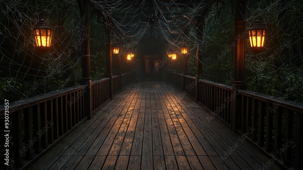 Poster A dark, wooded path with a bridge over a stream. The bridge is lit by lanterns and the path is empty