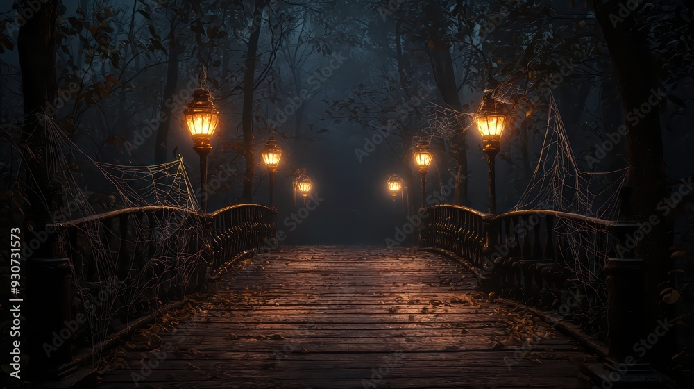 Poster a bridge with a dark, spooky atmosphere. the bridge is lit up with lanterns and the lights are dim