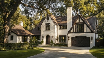 View of white colonial style suburban house with large garage