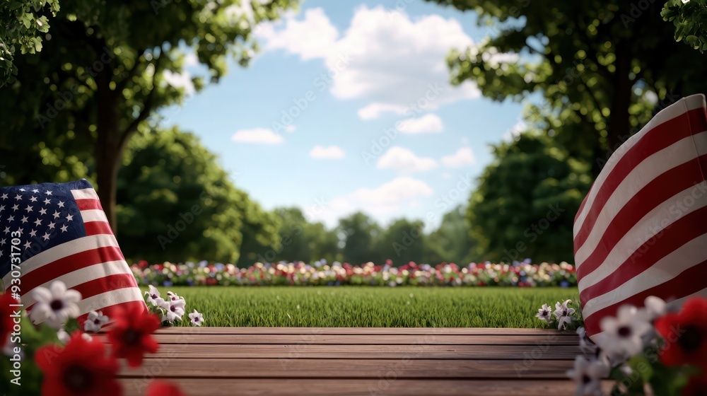 Poster a wooden table with two american flags on it and a field of flowers in the background. scene is patr