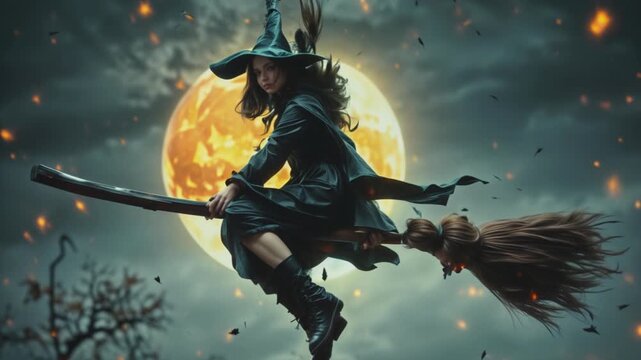 Halloween. A young witch flying on a broomstick through a mystical forest during autumn, with vibrant orange leaves falling around her. Perfect for themes of fantasy, Halloween, magic, and adventure.