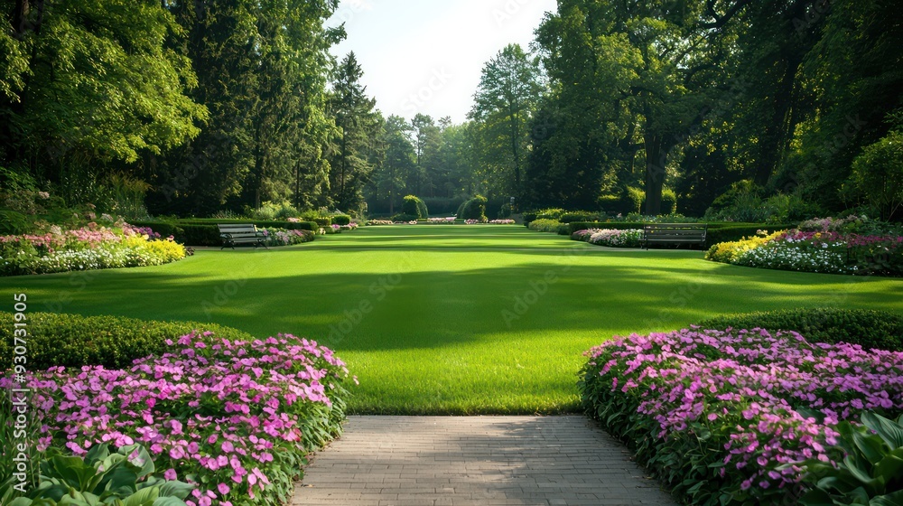 Poster A large, lush green field with a path leading through it. The path is lined with pink flowers and there are benches along the way. The scene is peaceful and inviting