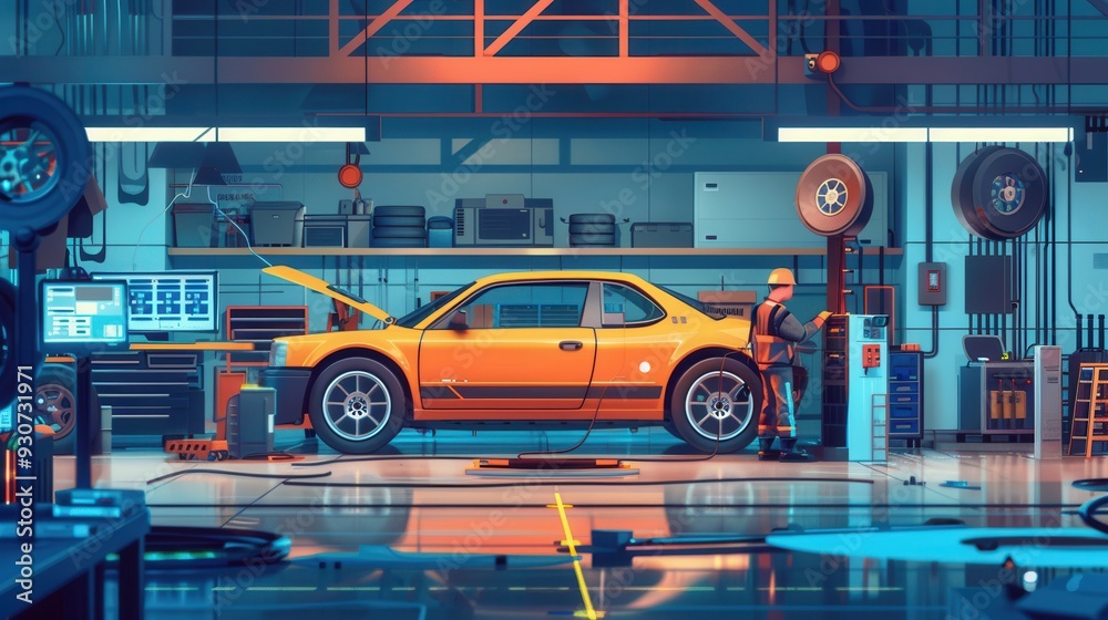 Poster A mechanic conducts a digital diagnosis and repairs engine components while inspecting a car in a well-equipped automotive workshop. Generative AI