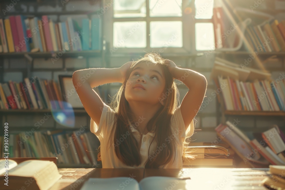 Poster a person sitting at a desk, surrounded by books and studying or reading