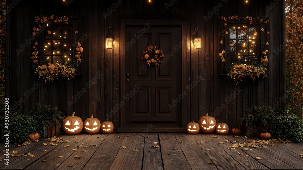 Poster a house with a front door and windows lit up with lights. the front porch is decorated with pumpkins
