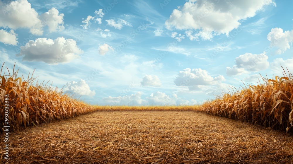 Poster a field of corn with a blue sky in the background. the sky is dotted with clouds, and the corn is ta