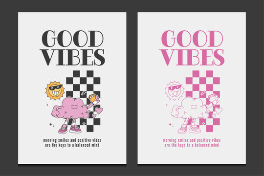 vintage-style poster with a cheerful cartoon brain enjoying a sunny morning coffee, vector illustration