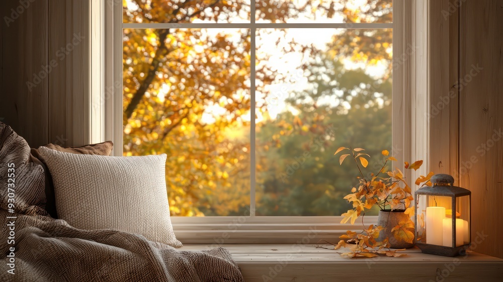 Aufkleber a window with a view of trees and a candle in a lantern. the scene is cozy and warm, with the candle