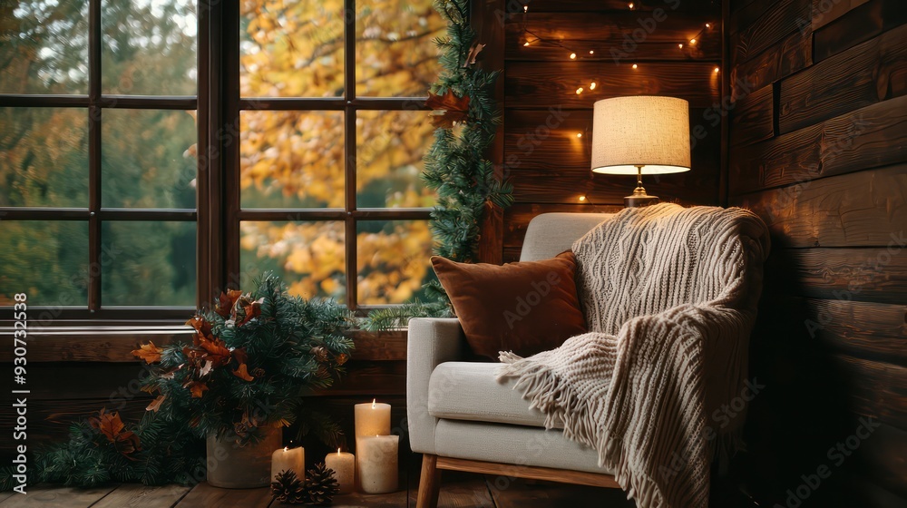 Poster a cozy living room with a chair and a blanket draped over it. the chair is next to a window with a v