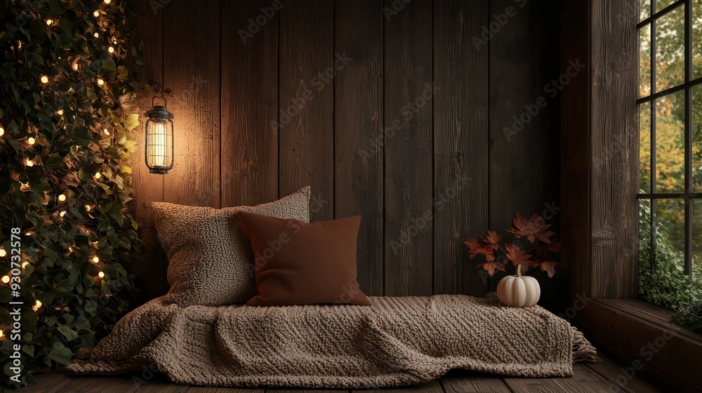 Poster a cozy room with a wooden wall and a lamp on it. the lamp is lit up and the room has a warm and invi