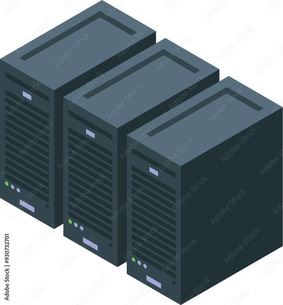 Poster three server racks standing in line, storing big data in a modern datacenter