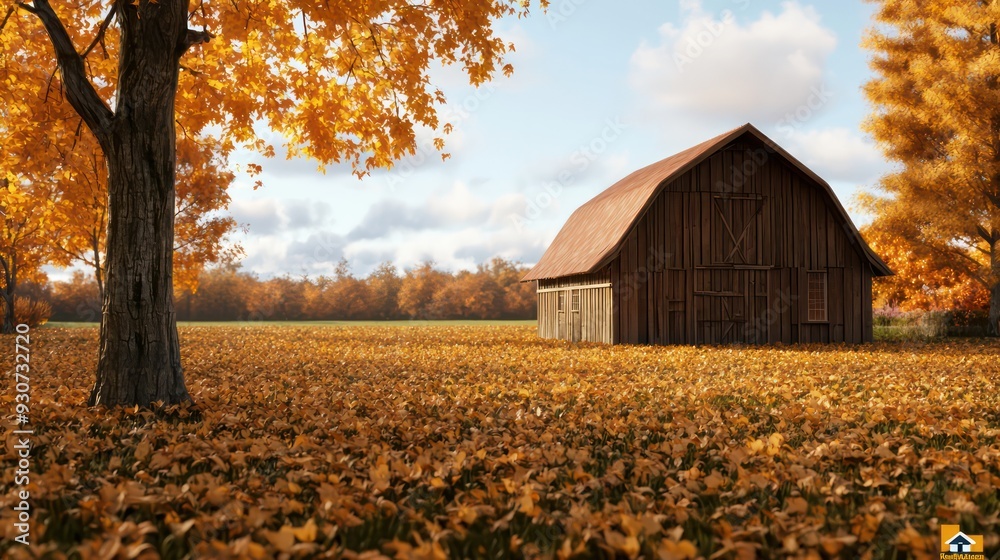 Poster a rustic barn sits in a field of autumn leaves. the barn is surrounded by trees and the sky is cloud