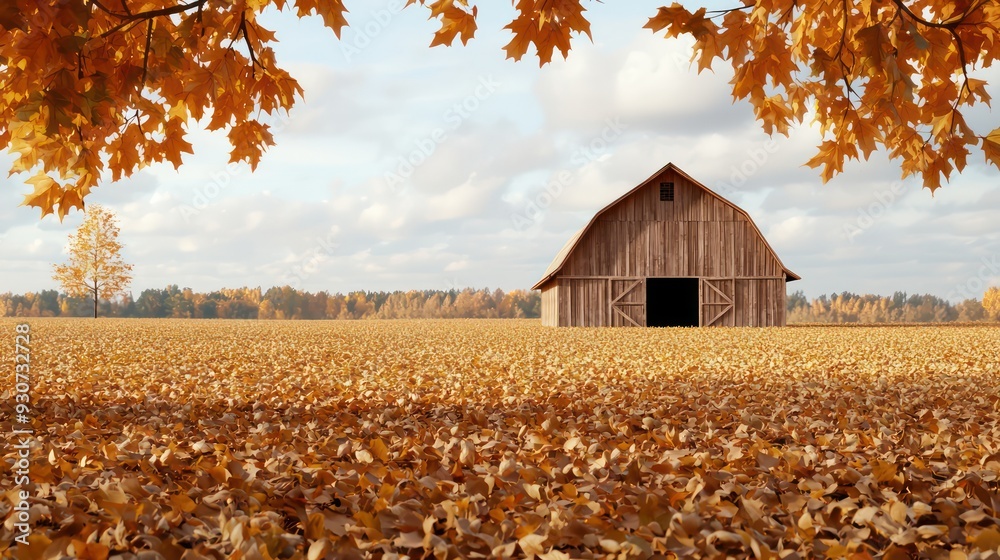 Poster a rustic barn sits in a field of yellow leaves. the barn is surrounded by trees and the leaves are s