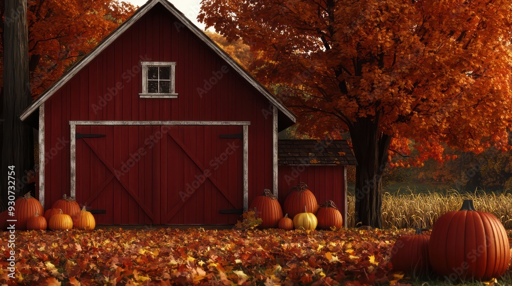 Poster a red barn with a window and a door. the barn is surrounded by a field of pumpkins