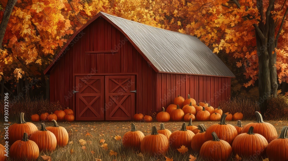 Poster a red barn with a large pile of pumpkins in front of it. the barn is surrounded by trees and leaves,