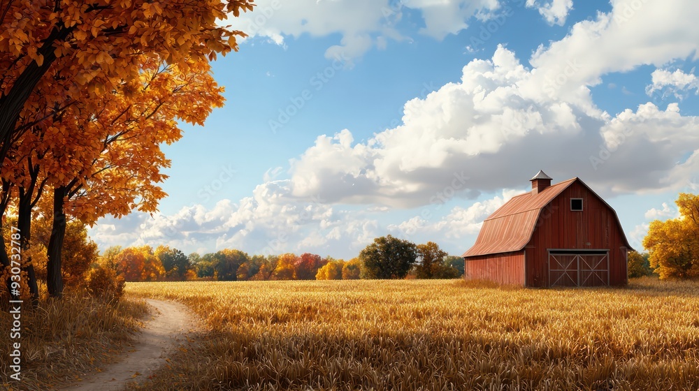 Poster a red barn sits in a field of yellow grass. the barn is surrounded by trees and the sky is cloudy. t