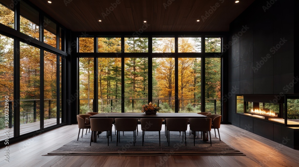 Aufkleber a large, modern dining room with a fireplace and a view of trees. the room is filled with chairs and