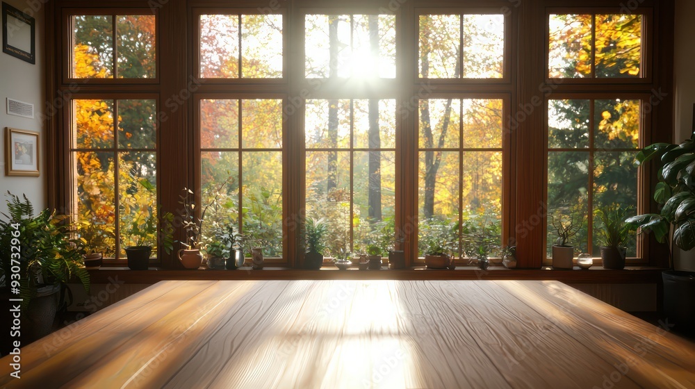 Aufkleber A large window with a view of trees and a sunny day. The room is filled with potted plants and a wooden table