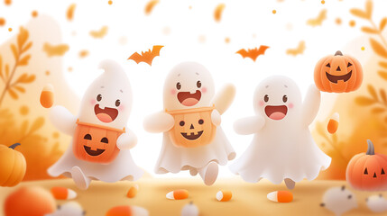 Three joyful cartoon ghosts are enjoying Halloween festivities with pumpkins and candy in a vibrant autumn atmosphere