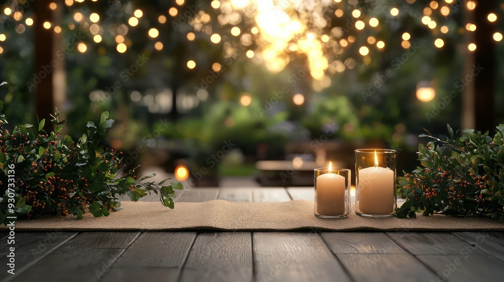 Poster A table with candles and greenery on it. Scene is warm and inviting