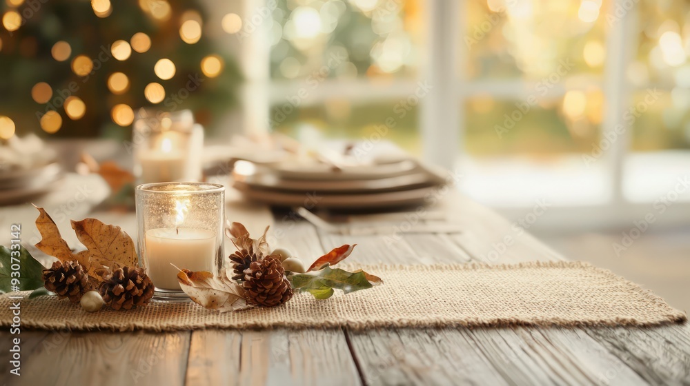 Aufkleber a table with a candle and pine cones on a tablecloth. the table setting is for a holiday dinner
