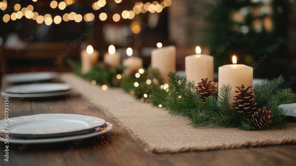Poster a table with a white plate and a candle on it. the candle is lit and surrounded by pine cones