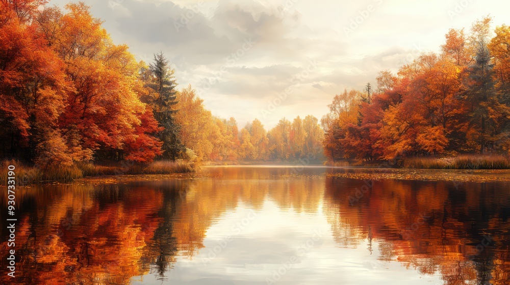 Poster a beautiful autumn scene with a lake and trees. the water is calm and the trees are full of bright o