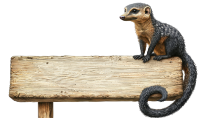 A mongoose sitting alertly on a blank wooden sign, with its tail curled around, isolated, cut out.