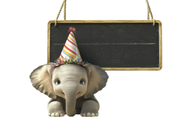 A happy baby elephant wearing a festive party hat with streamers, peeking over a school long blackboard hanging from a rope, isolated, cut out.