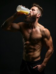 Muscular guy drinking water after training