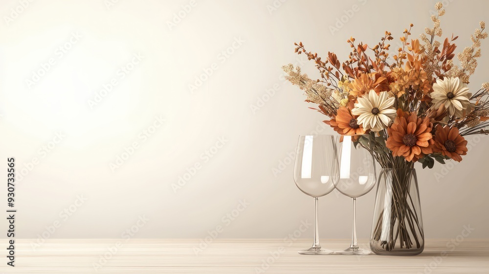 Poster a vase of flowers sits on a table next to two wine glasses. concept of relaxation and enjoyment