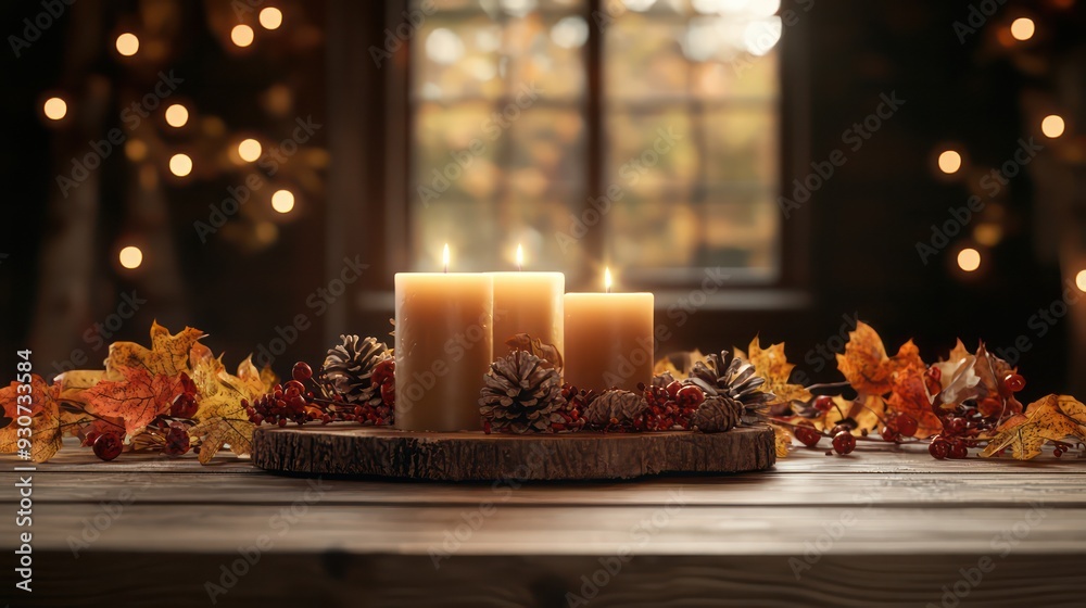 Poster a table with three candles and some leaves on it. scene is warm and cozy