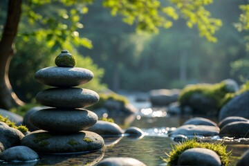 a stack of rocks sitting on top of a river, zen natural background