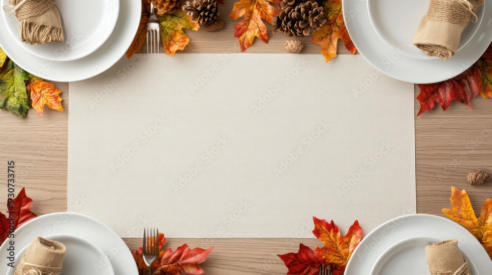 Poster A table with a white tablecloth and four white plates with a fork and knife on it. The tablecloth has a pattern of leaves and pine cones