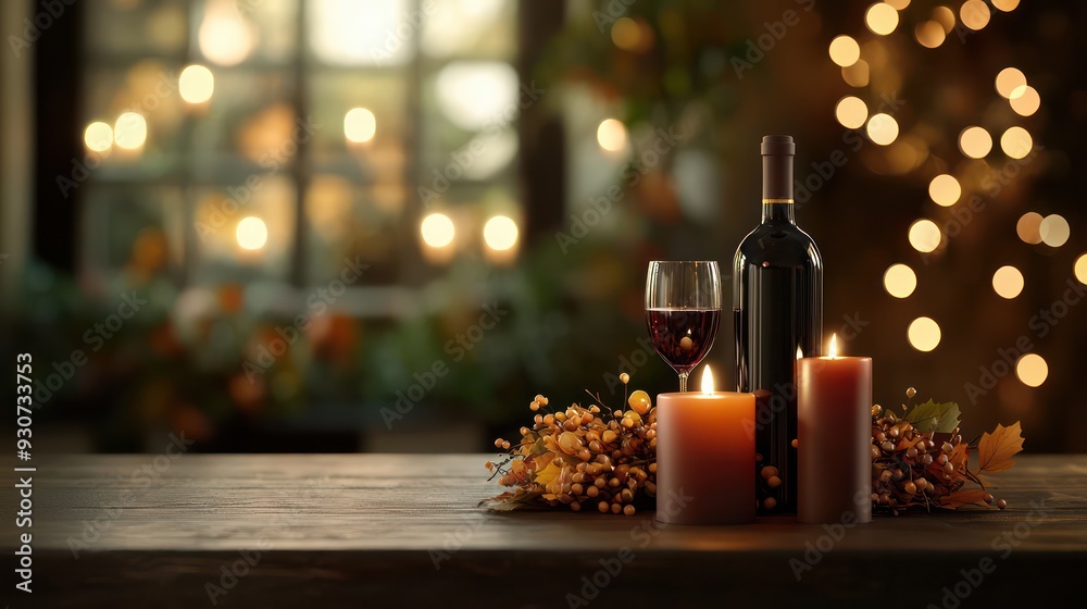 Poster a bottle of red wine and a wine glass are on a table with candles. the candles are lit and the wine 