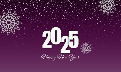 New Year card, poster, banner 2025, holiday design on purple background with snowflakes