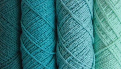 Close-up of three rolls of turquoise and mint yarn, ideal for showcasing textile designs, crafting projects, or fashion materials in promotional content.