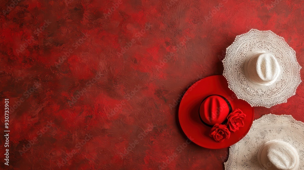 Poster a red background with hats and roses on it
