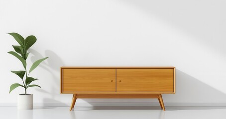 Teak TV stand in a midcentury modern living room with retro decor and minimalist style, midcentury modern, teak TV stand