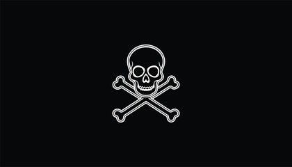 Skull with Crossed Bones Design, White Outline on Black Background